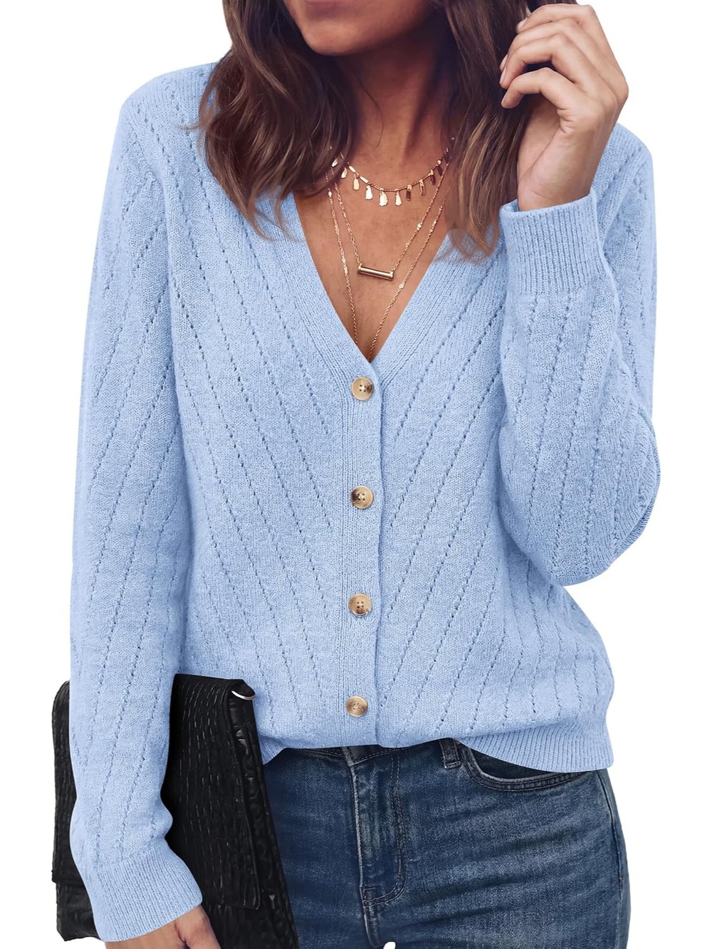🆕 Women's Light Blue V Neck Long Sleeve Button Front Cozy Knit Cardigan Sweater